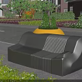 Gray Modern Outdoor Chair With Striped Details Surrounded by Green Plants and Flower Beds