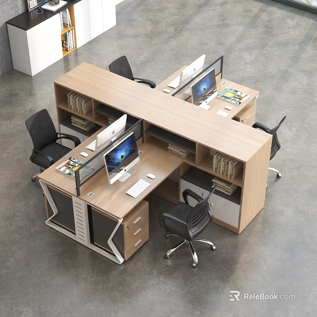 Modern Modular Office Desk With Multiple Workstations Computer Monitors Bookshelves And Black Chairs 3d model 