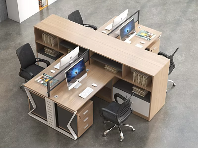 Modern Modular Office Desk With Multiple Workstations Computer Monitors Bookshelves And Black Chairs 3d model