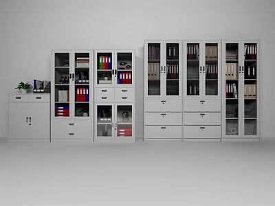 White Multiple Bookcases With Doors And Drawers Holding Files And Books 3d model