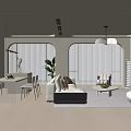 Elegant Modern Living And Dining Room Interior With Sofa Dining Table Chairs Pendant Lights And Green Plant