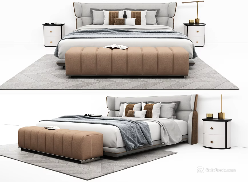 Modern Double Bed With Gray Headboard Pillows Bed Bench Nightstands And Table Lamps 3d model