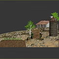 Cartoon Farm Scene With Red Roof House Windmill Tractor Trees And Fence