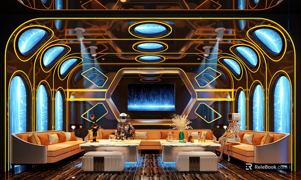 Modern KTV Lounge Interior With Stylish Lighting Comfortable Sofas Large Screen And Luxury Decor 3d model