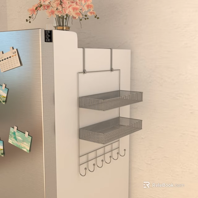 Wall Mounted Storage Rack With Mesh Shelves And Hanging Hooks For Kitchen Organization 3d model