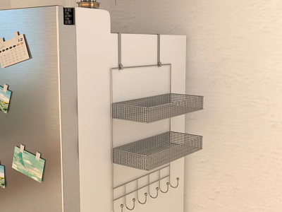 Wall Mounted Storage Rack With Mesh Shelves And Hanging Hooks For Kitchen Organization 3d model