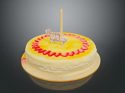 Delicious Birthday Cake With Yellow Cream Strawberry Decoration Happy Birthday Topper And Lit Candle 3d model
