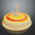 Delicious Birthday Cake With Yellow Cream Strawberry Decoration Happy Birthday Topper And Lit Candle