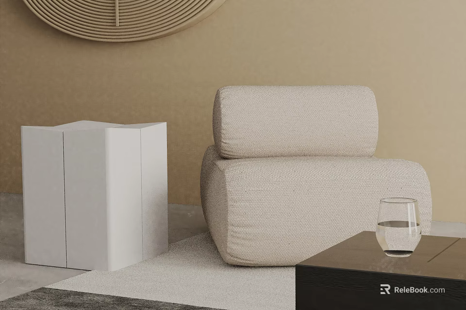 Beige Accent Chair with White Cabinet Black Table and Round Woven Wall Decor in Modern Interior 3d model 