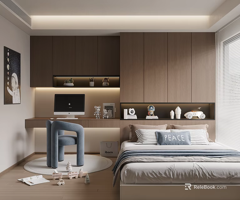 Modern Tatami Bedroom Interior Design With Wooden Cabinetry Peace Pillow Desk And Natural Light 3d model 