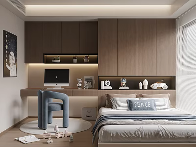 Modern Tatami Bedroom Interior Design With Wooden Cabinetry Peace Pillow Desk And Natural Light 3d model