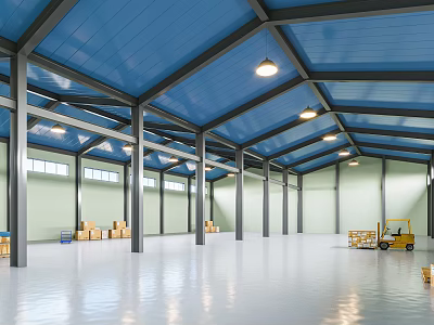 Spacious Industrial Warehouse Interior With Blue Roof Metal Frame And Yellow Forklift 3d model