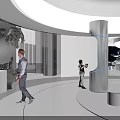 Futuristic Cityscape Display Venue With Curved Screen Black Seats Green Plants And Water
