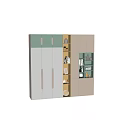 Modern Green And Wooden Decorative Cabinet With Shelves Holding Books Vases And Decorations