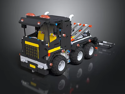 Black And Yellow Striped Lego Truck Toy With Six Wheels And Trailer 3d model