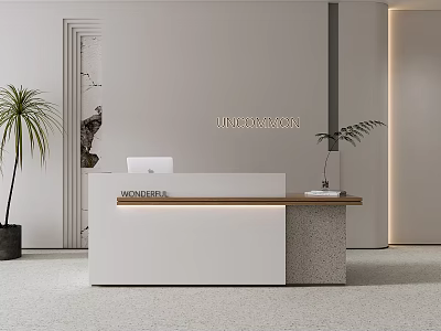 Modern Stylish Reception Desk With White Surface Wooden Countertop And Green Plants 3d model