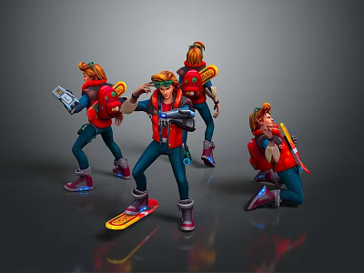 Colorful Outfitted Characters With Backpacks And Gadgets In Action Poses 3d model