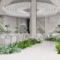 Elegant Banquet Hall With Greenery Decor Chandeliers White Tables And Stage Setup
