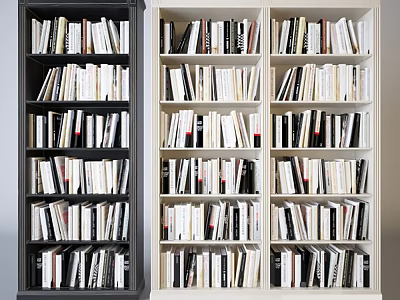 Multi Tiered Bookcase Filled With Books In Black And Light Colors 3d model