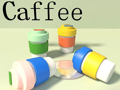 Colorful Coffee Cups With Vibrant Designs Standing And Lying With Separate Lids 3d model
