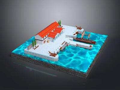 Traditional Wooden Watercraft At Dock By White Building With Red Roof Greenery And Sparkling Water 3d model