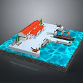 Traditional Wooden Watercraft At Dock By White Building With Red Roof Greenery And Sparkling Water