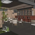 Modern Restaurant Interior With Bar Counter Wine Bottles Green Plants And Dining Tables