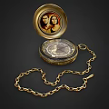Vintage Gold Pocket Watch with Portrait Inside Dial and Chain