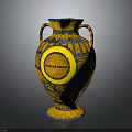 Decorative Vase With Two Handles Yellow Black Color Geometric Patterns And Circular Concentrated Label