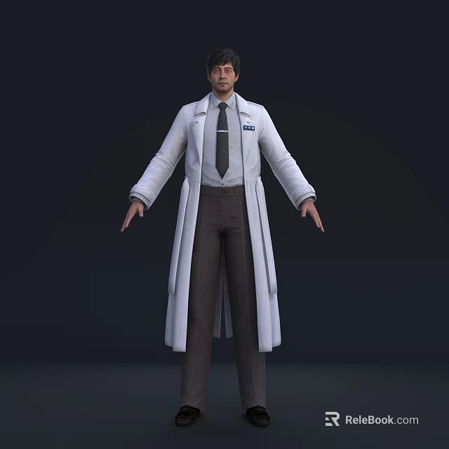 Man Standing In White Long Coat With Tie Against Dark Background 3d model 