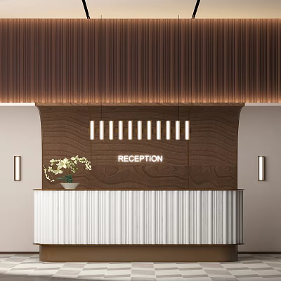 Hotel Lobby Reception Desk With Wooden Backdrop And Pendant Lights Decorative Plant 3d model