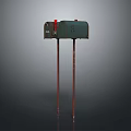 Vintage Green Mailbox With Red Component Standing On Two Brown Poles