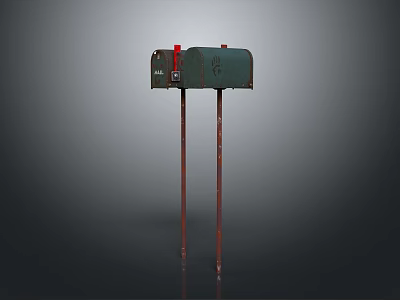 Vintage Green Mailbox With Red Component Standing On Two Brown Poles 3d model