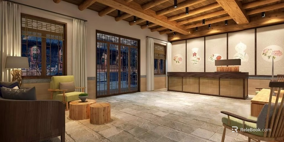 Hotel Lobby Interior With Wooden Ceiling Stone Floor Decorative Paintings And Reception Desk 3d model 
