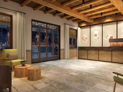 Hotel Lobby Interior With Wooden Ceiling Stone Floor Decorative Paintings And Reception Desk 3d model