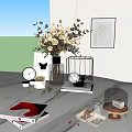 Elegant Decorative Ornament Set With Flower Bouquet Golden Vase Butterfly Decor And Line Art Painting