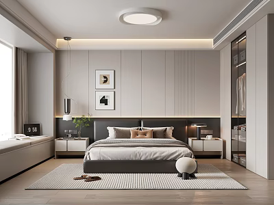 Modern Bedroom Interior Design With Bed Frame Side Tables Ceiling Light And Area Rug 3d model