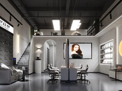 Modern Beauty Salon Interior Design With Open Space Sofa Chairs Large Screen And Stairs 3d model