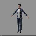 Man In Blue White Plaid Shirt White T-shirt Blue Jeans With Arms Outstretched Gray Background