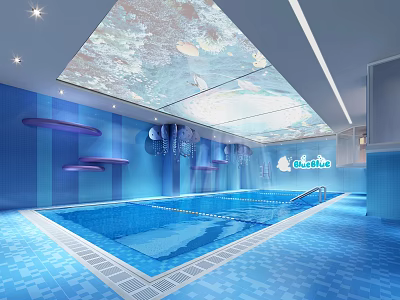 Modern Indoor Swimming Pool With Blue Tiles Purple Decorative Shelves And Sky like Ceiling 3d model