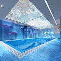 Modern Indoor Swimming Pool With Blue Tiles Purple Decorative Shelves And Sky like Ceiling