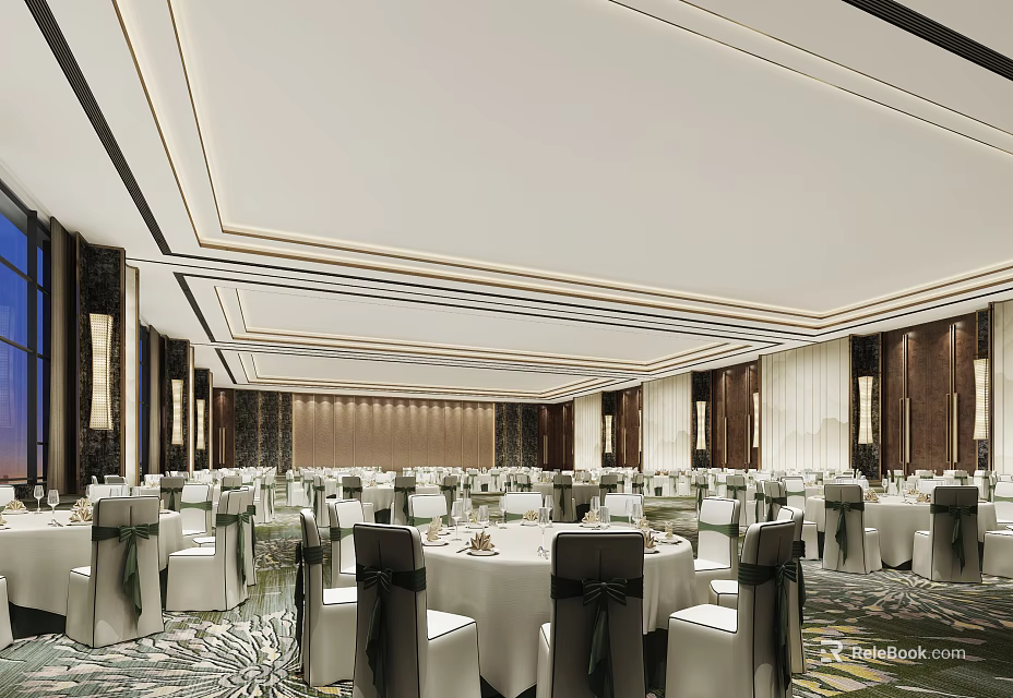 Luxurious Banquet Hall Interior With Round Tables White Tablecloths And Black Chair Covers 3d model 