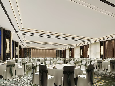 Luxurious Banquet Hall Interior With Round Tables White Tablecloths And Black Chair Covers 3d model