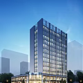 Modern High Rise Hotel Building With Glass Facade Under Blue Sky