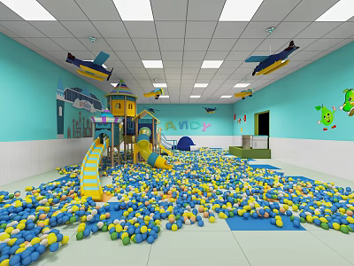 Kindergarten Indoor Play Area with Colorful Ball Pit Slide and Airplane Decorations on Walls 3d model