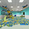 Kindergarten Indoor Play Area with Colorful Ball Pit Slide and Airplane Decorations on Walls