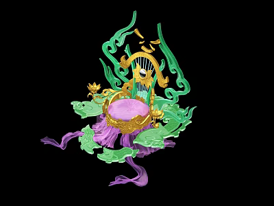 Ornate Decorative Throne With Green Vines Golden Frame Purple Cushion And Flowing Ribbons 3d model