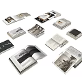 Stylish Open Books And Magazines With Modern Layout And Photographic Pages