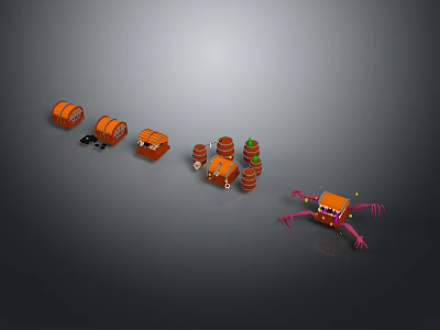 Orange Construction Components with Various Shapes Including Wheeled Parts Cylindrical Blocks and Pink Legged Figure 3d model