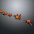 Orange Construction Components with Various Shapes Including Wheeled Parts Cylindrical Blocks and Pink Legged Figure